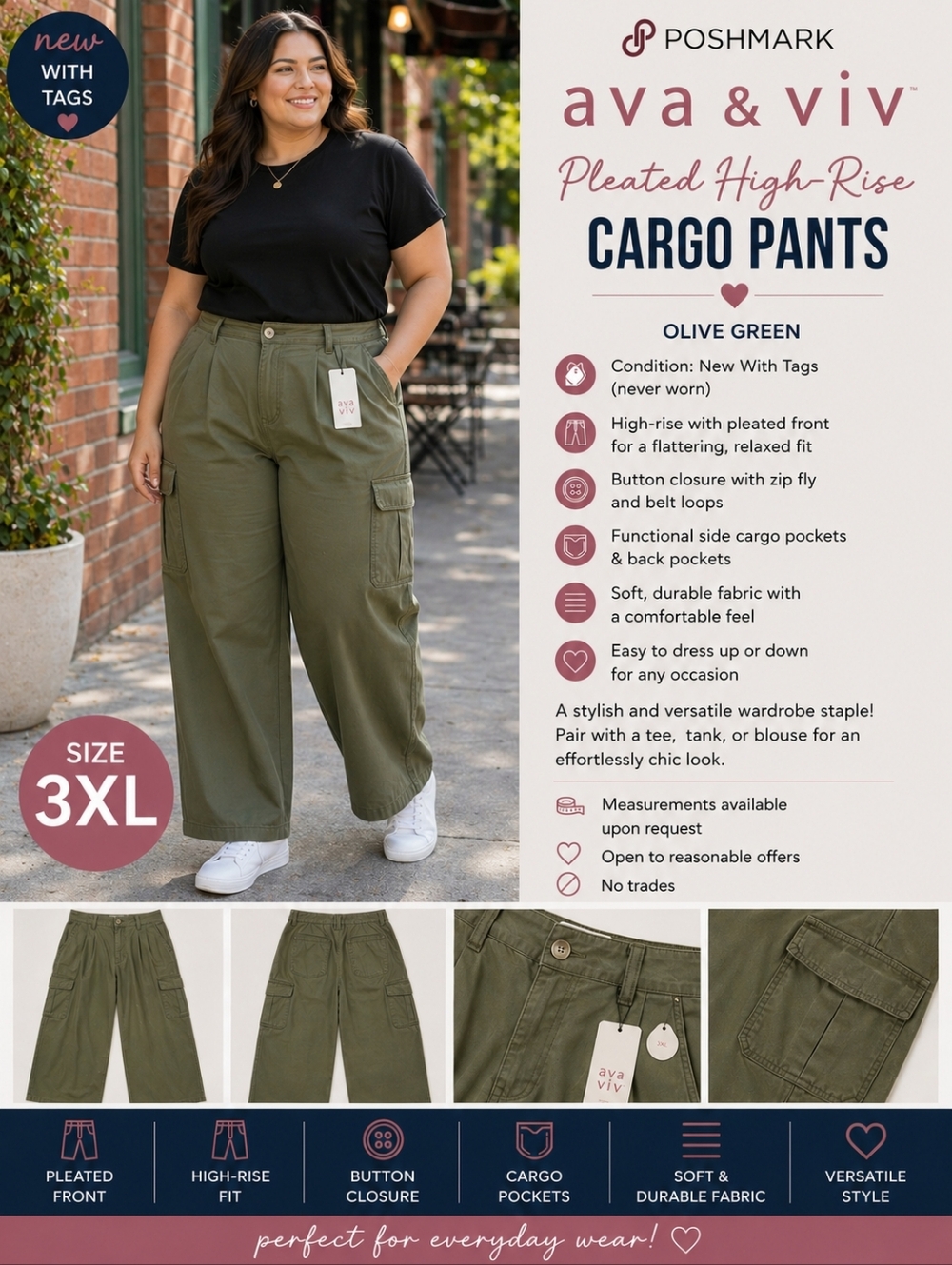 NWT Ava & Viv Pleated High-Rise Cargo Pants Olive Green Size 3X